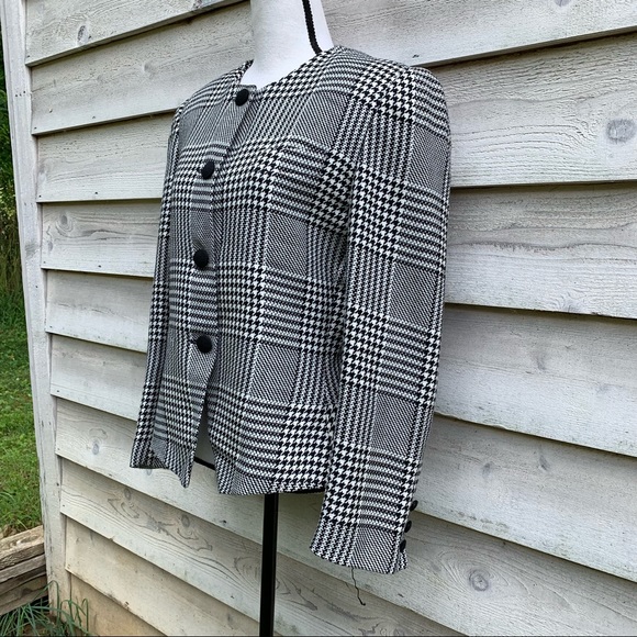 Vintage 80s Wool Blend Plaid Houndstooth Button Up Long Sleeve Collarless Blazer - Picture 3 of 16